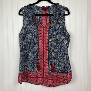 Zac & Rachel Red White Blue Black Floral Sleeveless Tank Top Women’s Size Large